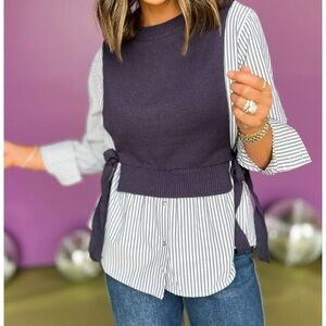 Entro Navy and White Striped Layered Button Down Shirt